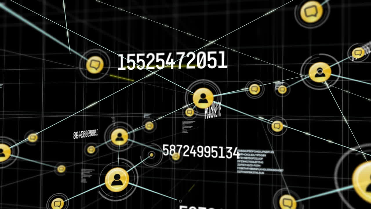 검은색 배경에 과학 데이터 처리에 대한 연결 웹과 아이콘의 애니메이션