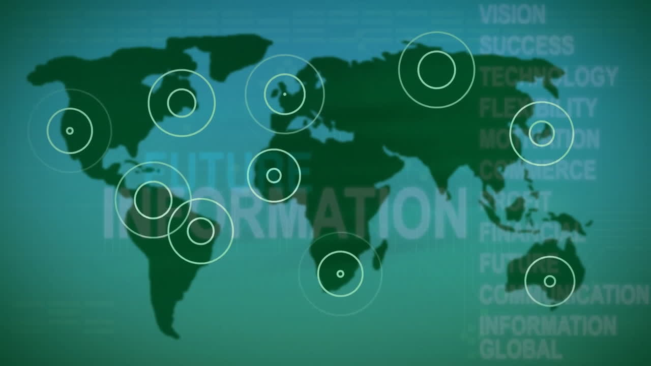 목표 원을 가진 세계 지도, 글로벌 커뮤니케이션 애니메이션