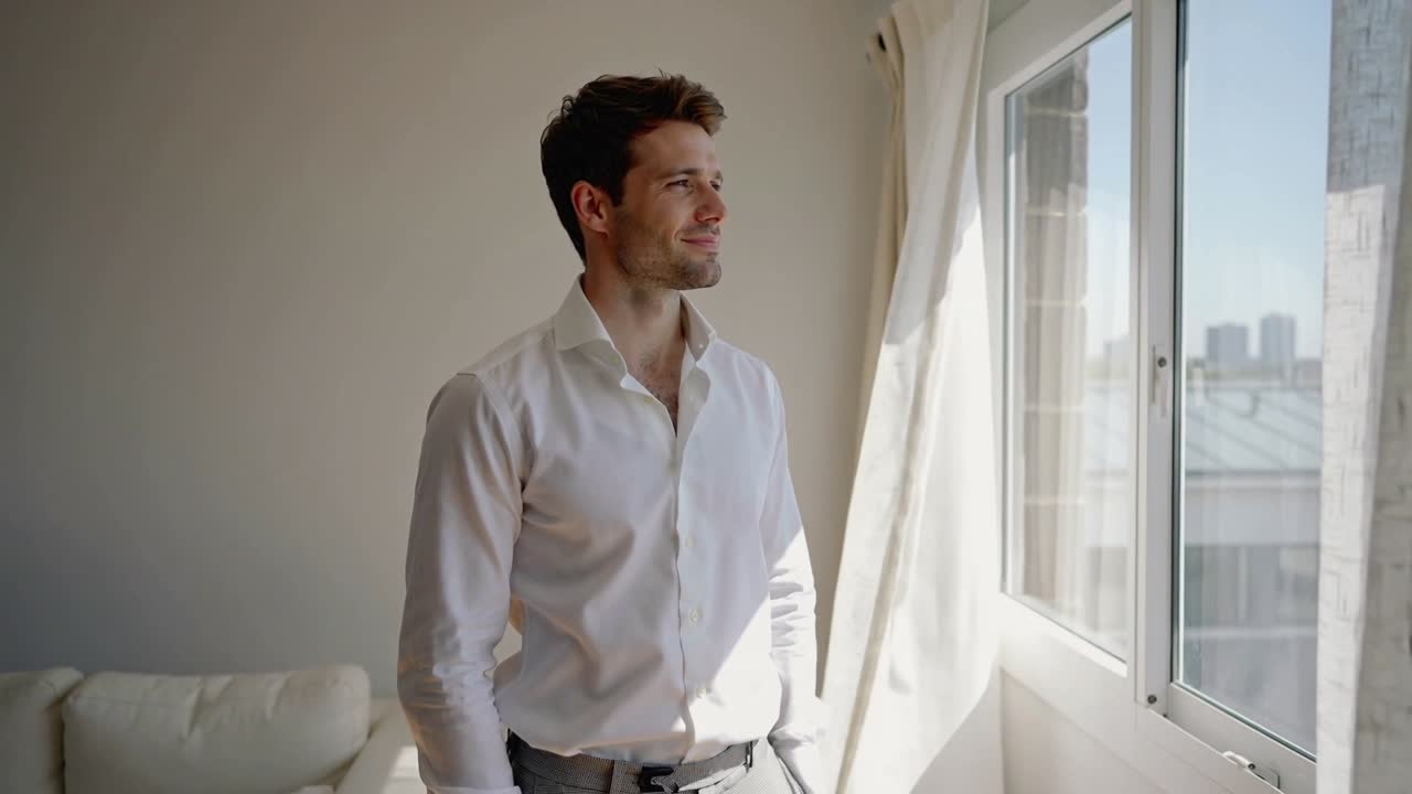 Uomo in piedi con camicia bianca e pantaloni grigi, mani in tasca, che guarda fuori dalla finestra dell'appartamento mentre la brezza fa ondeggiare la tenda