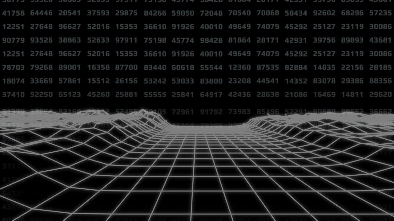 4k animación abstracto marco de alambre paisaje volar a través de la montaña con movimiento de números binarios digitales.