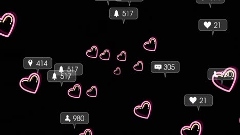 animation of hearts and social media reactions over black background