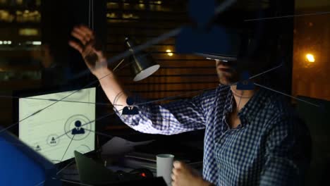 animation of networks of connections and businessman wearing phone vr headset