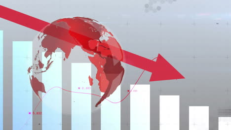 animation of line with financial data processing and red arrow descending and globe