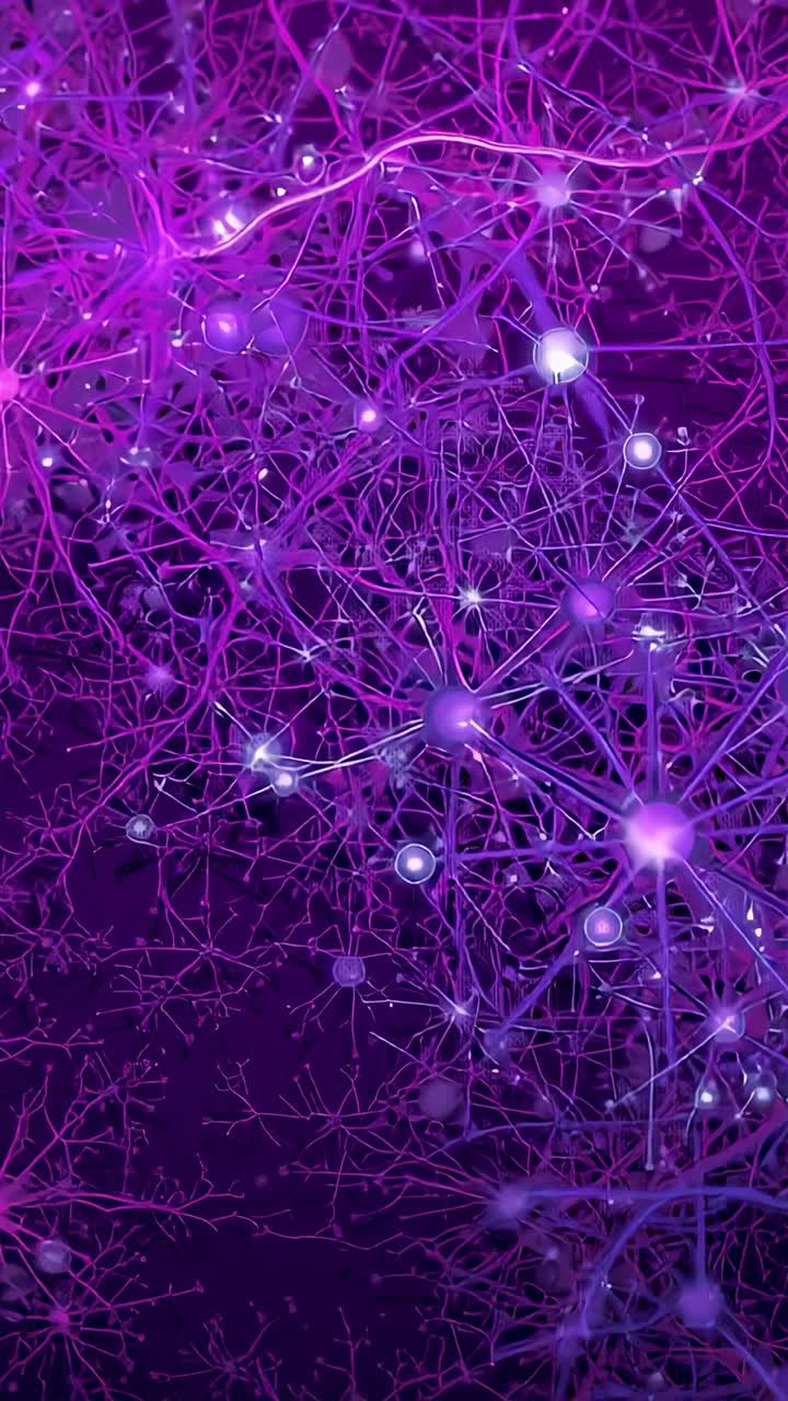 Vertical video: Displaying glowing purple network with pulsing nodes and filaments in digital space