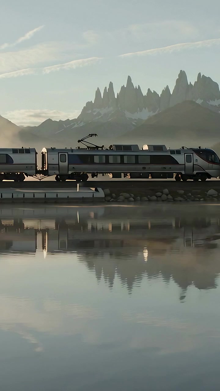 Video verticale: Treno argentato in movimento che attraversa un lago calmo, pantografo sollevato, increspature che rompono lo specchio d'acqua