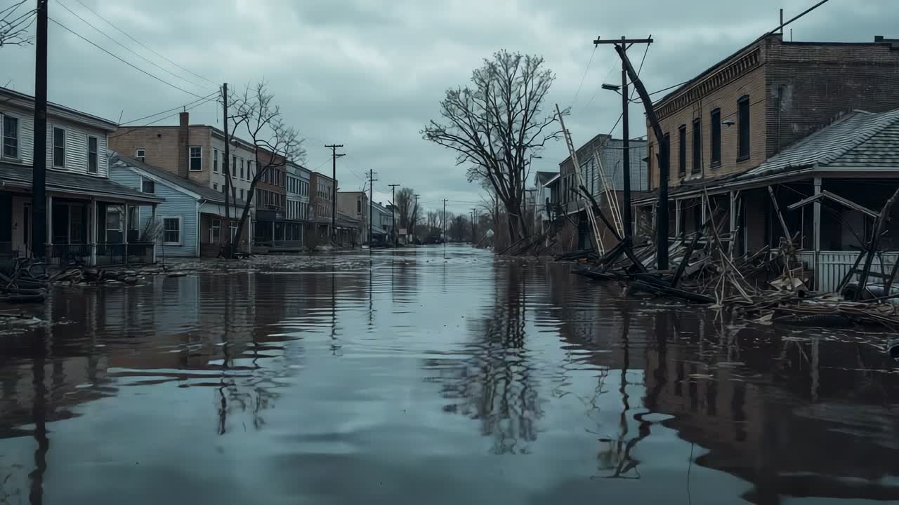 Rippling floodwater reflecting overcast sky across submerged urban road, with leaning utility poles