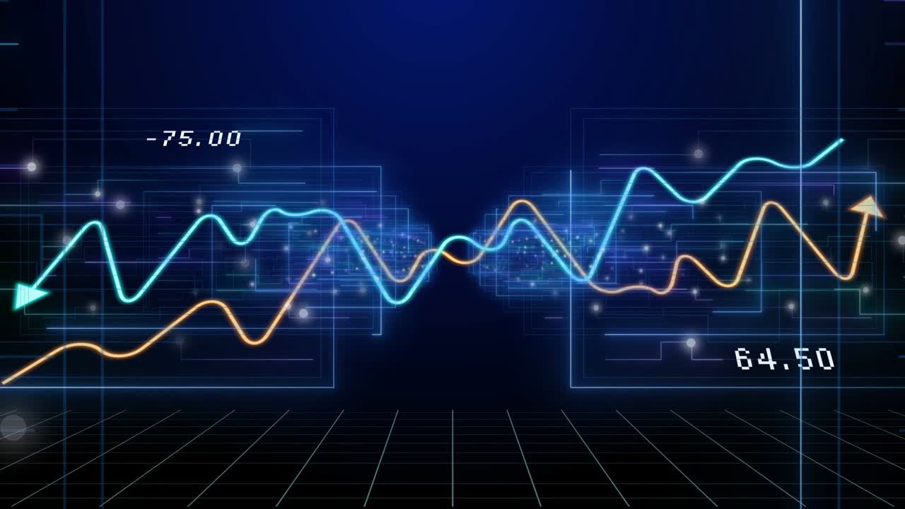 Numeric labels updating, neon waves emerging, crossing, splitting, showing data on tech dashboard