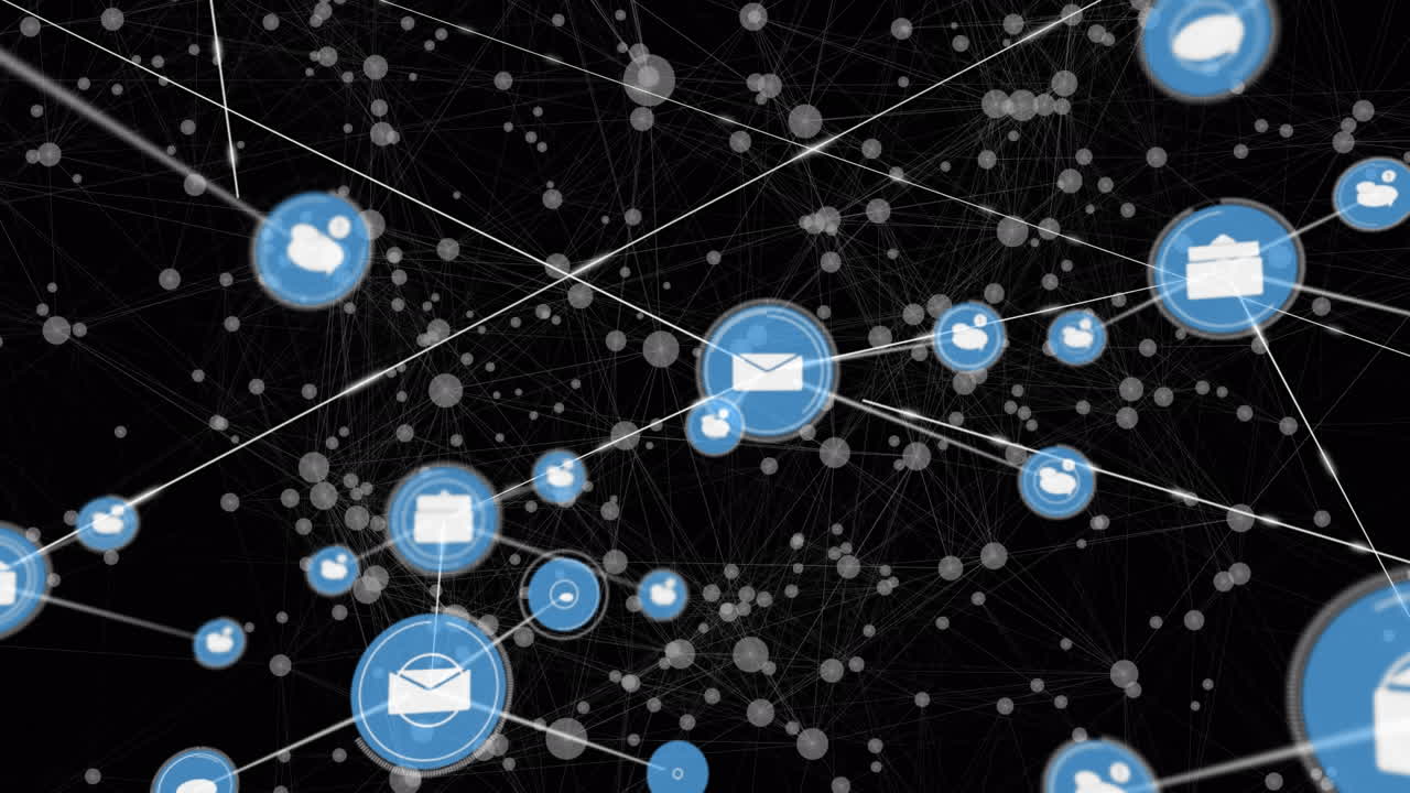 Animation of icons and dots interconnected with lines against black background