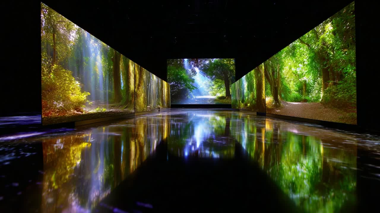 A Spectacular Digital Forest Experience Unfolds: Vivid Projections Capture the Essence of Nature with Lush Greenery, Dancing Light, and Reflective Surfaces, Creating an Immersive Environment for All Enthusiasts