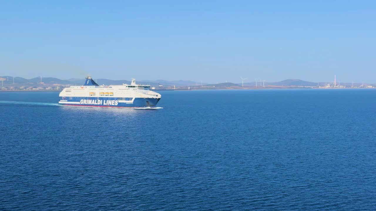 Grimaldi Lines, ferry boat in the middle of the Mediterranean, transporting vehicles and cargo to the Sardinia Islands, Italy