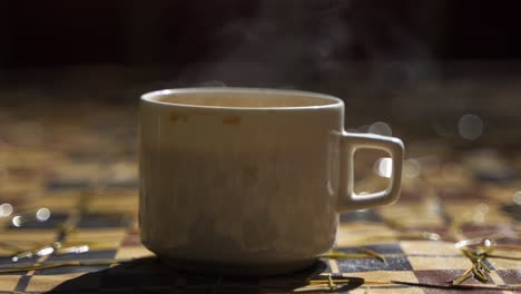 there is a cup of tea on the table.