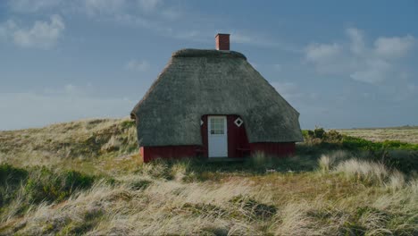 remarkable single red house on top of sand dunes in nature reserve