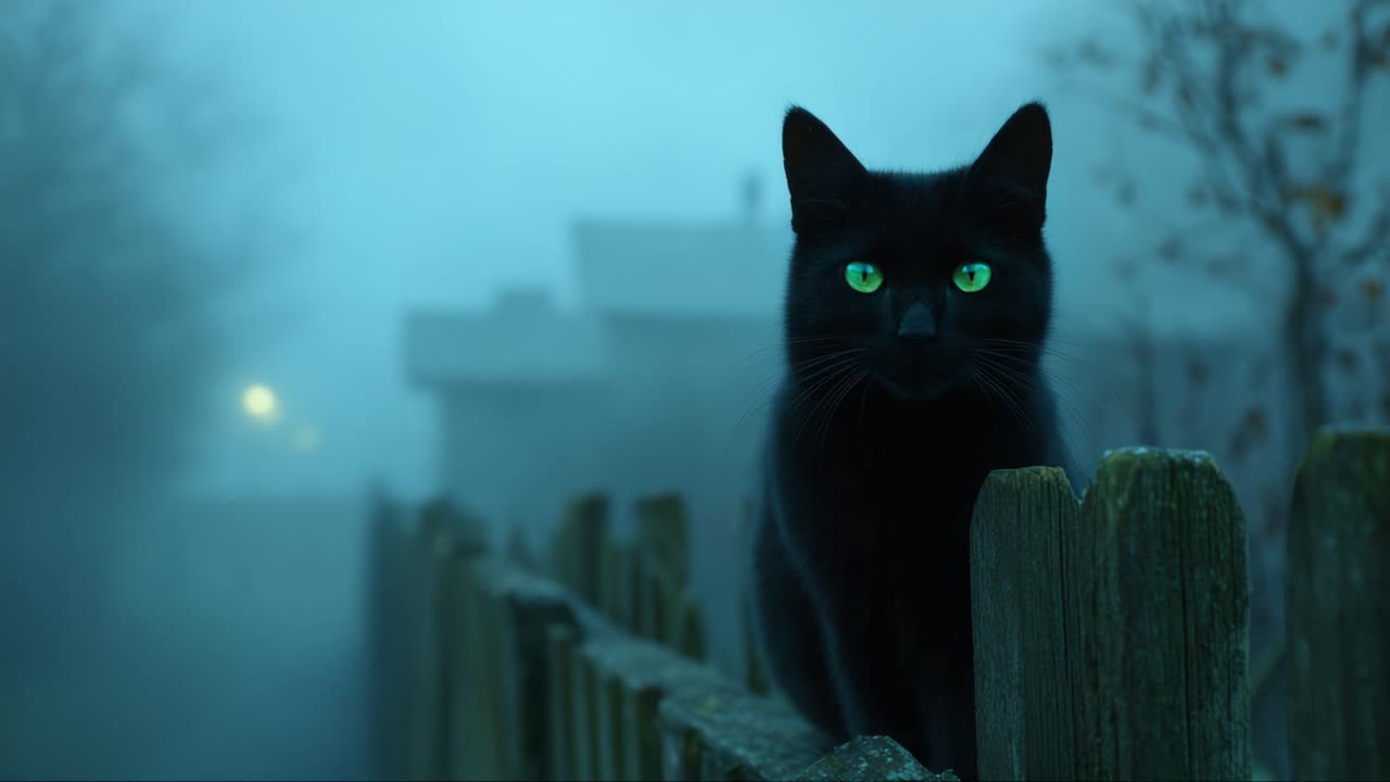 A Mysterious Black Cat Stands Vigilantly on a Foggy Fence, Illuminated by Ethereal Green Eyes and Surrounded by an Enigmatic Atmosphere in a Misty Landscape