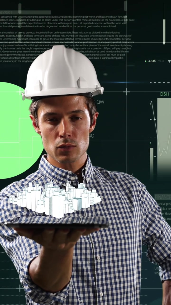 Xử lý dữ liệu thống kê trên nền kiến trúc sư nam đang cầm mô hình thành phố 3D kỹ thuật số
