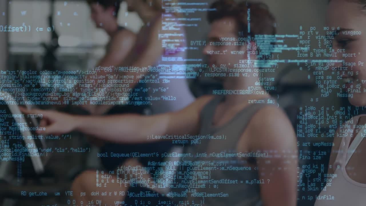 Animation of data processing over people exercising in gym
