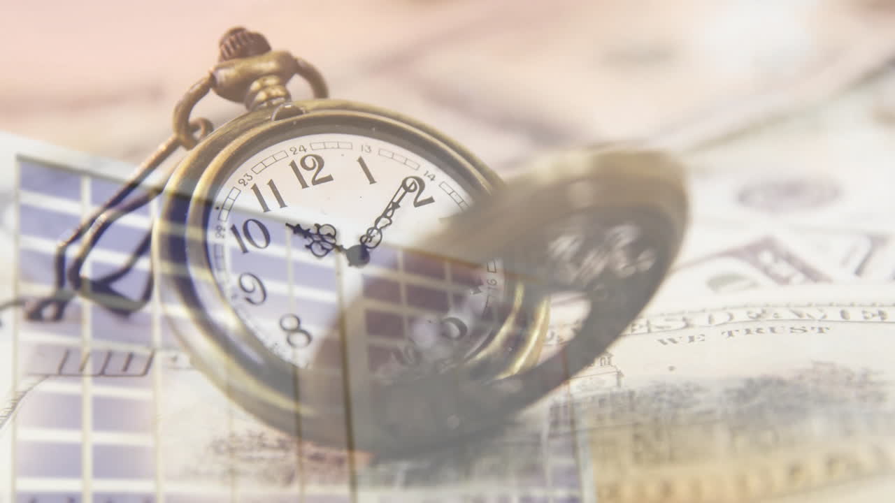 주머니 시계 및 금융 차트 애니메이션 화폐 지폐 배경