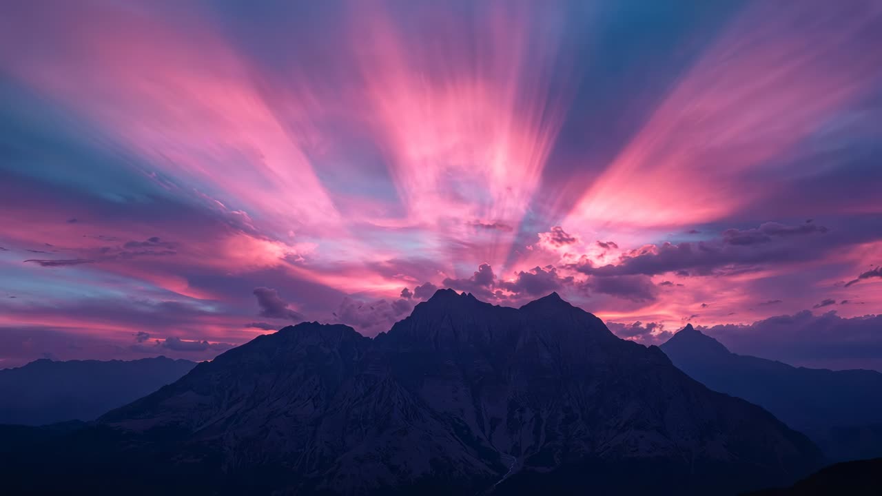 Jagged mountain ridge holding dark silhouette at twilight, sun backlighting three pink beams