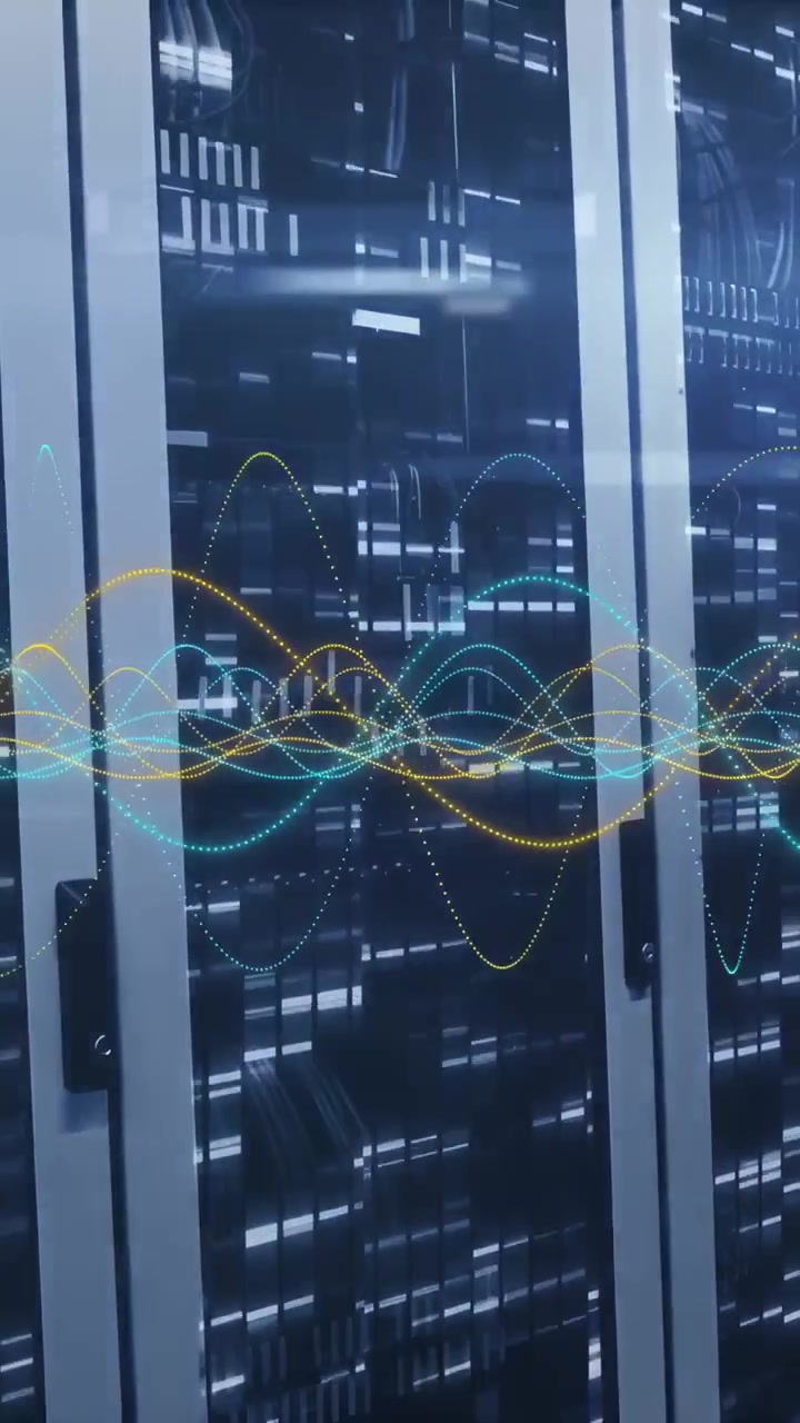 Vertical video: Central glass rack reacting to load, showing waveforms, blinking LEDs showing flow