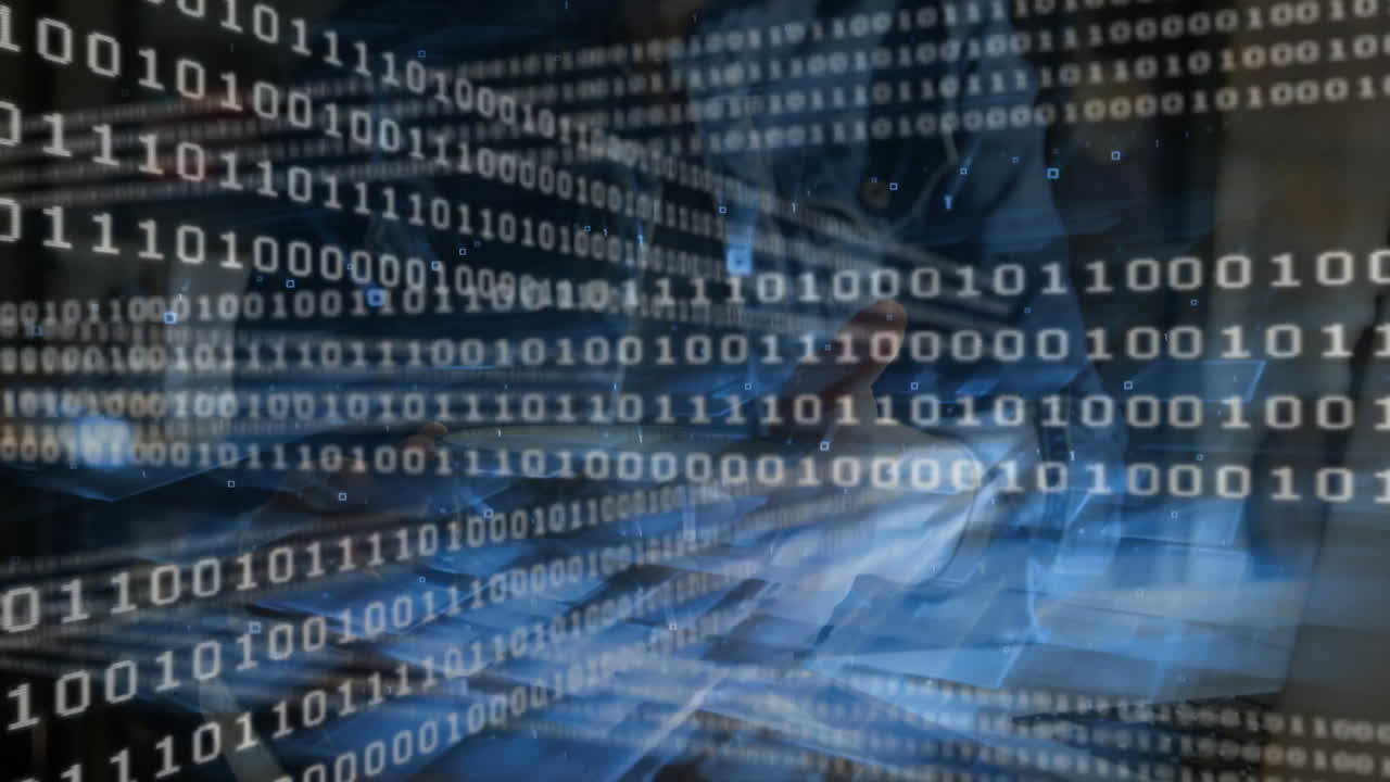 Animation of binary code flowing over blue background, representing data processing