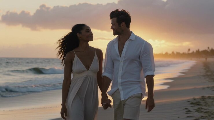 Couple marchant main dans la main, partageant un coucher de soleil sur une plage de sable avec robe fluide, chemise, short et vagues.