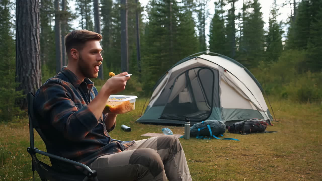 Mand spiser mad på campingtur i skoven