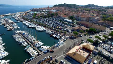 Aerial-view-of-the-old-harbor-of-Saint-Tropez-with-luxury-yachts