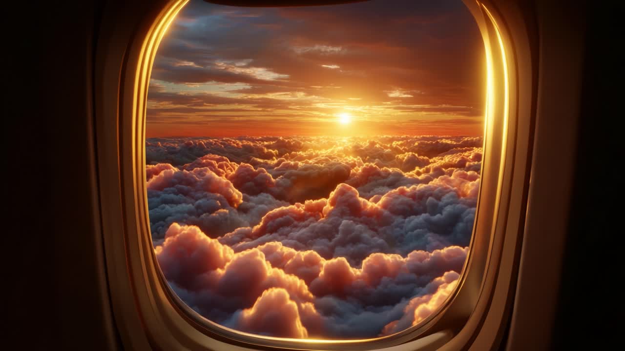 A Stunning Sunset Aglow Over Fluffy Clouds Framed by an Airplane Window: Capturing Nature's Splendor from Above with a Beautiful Display of Colors and Light as Day Turns to Night