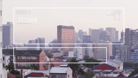 animación de la interfaz con el procesamiento de datos sobre una vista aérea del paisaje urbano