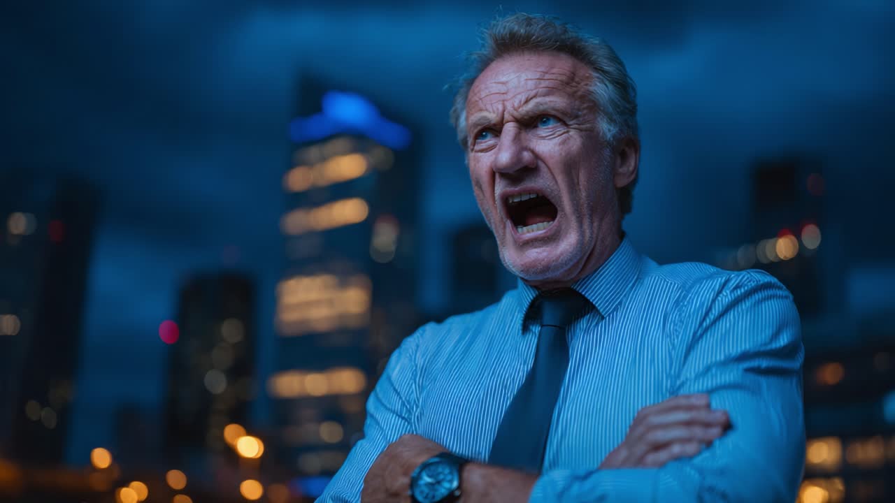 An Intense Emotional Moment Captured: A Man Expressing Anger Amidst a Dark Urban Landscape with Architectural Backdrop in Twilight