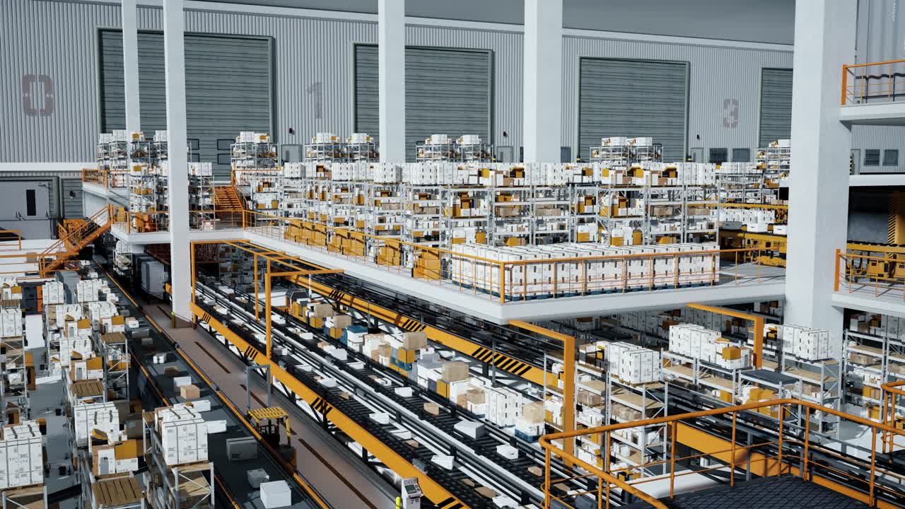 Loop Transmitting Of Packaging Box On The Conveyor Belt, 3D Rendering. Cardboard Boxes In A Large Scale Smart Distribution Warehouse, Production Line
