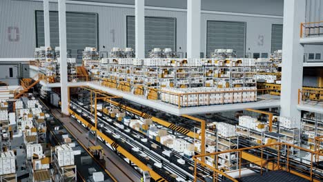 loop transmitting of packaging box on the conveyor belt, 3d rendering. cardboard boxes in a large scale smart distribution warehouse, production line