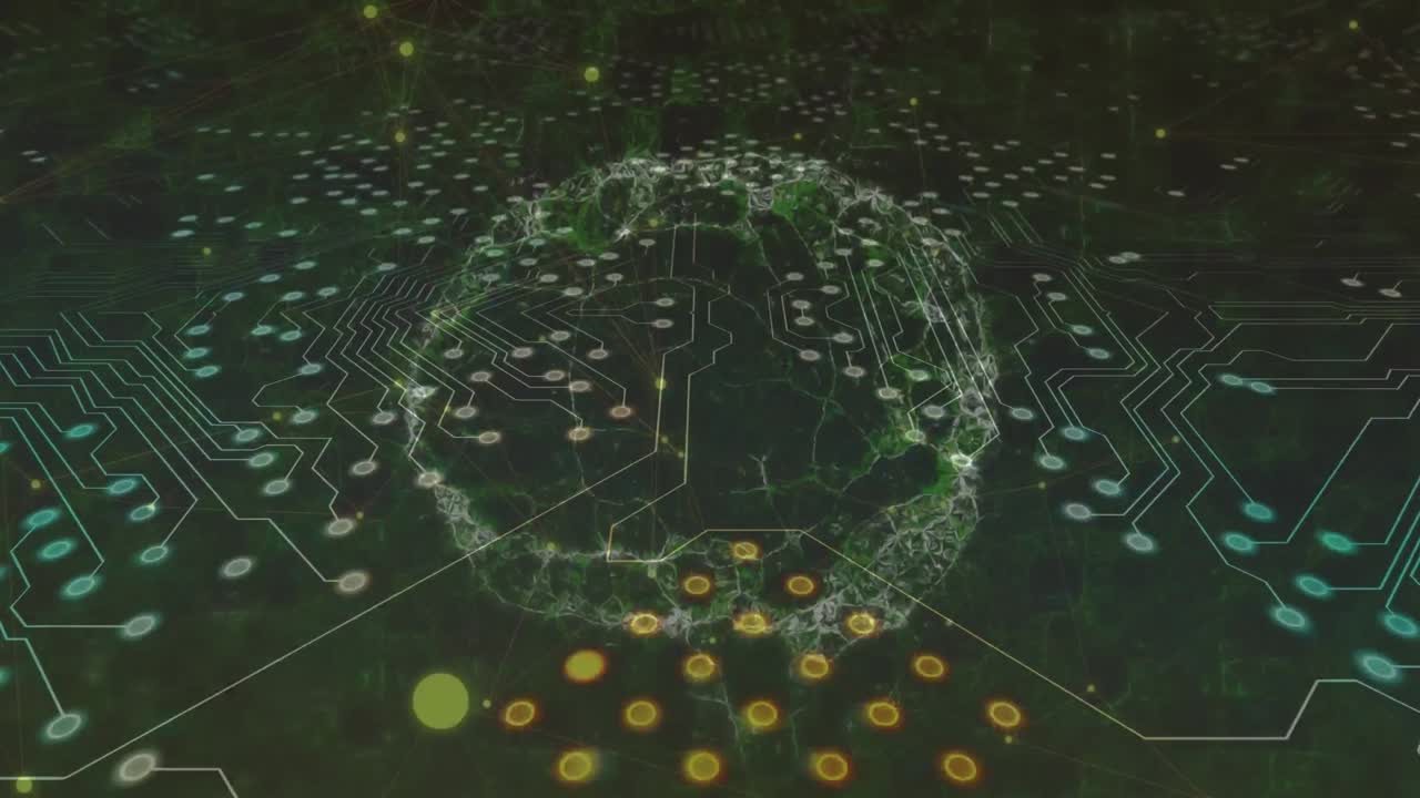 Animation of digital brain over computer circuit board on black background