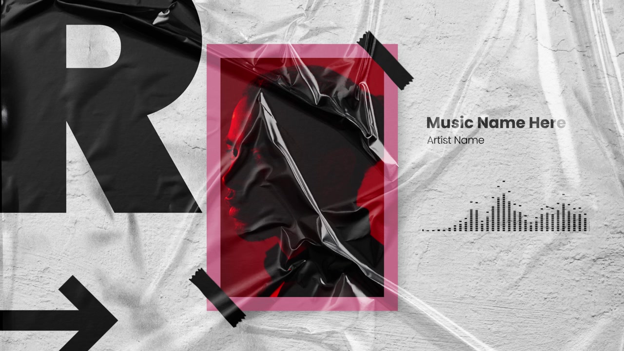 Visualizzatore musicale astratto con forma d'onda audio dinamica e collage artistico
