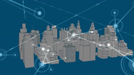 animation of network of connections over 3d cityscape spinning