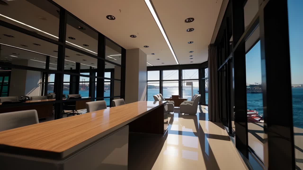 Sunlight illuminating modern office interior with large windows overlooking Istanbul and Bosphorus bridge, creating a bright and inspiring workspace