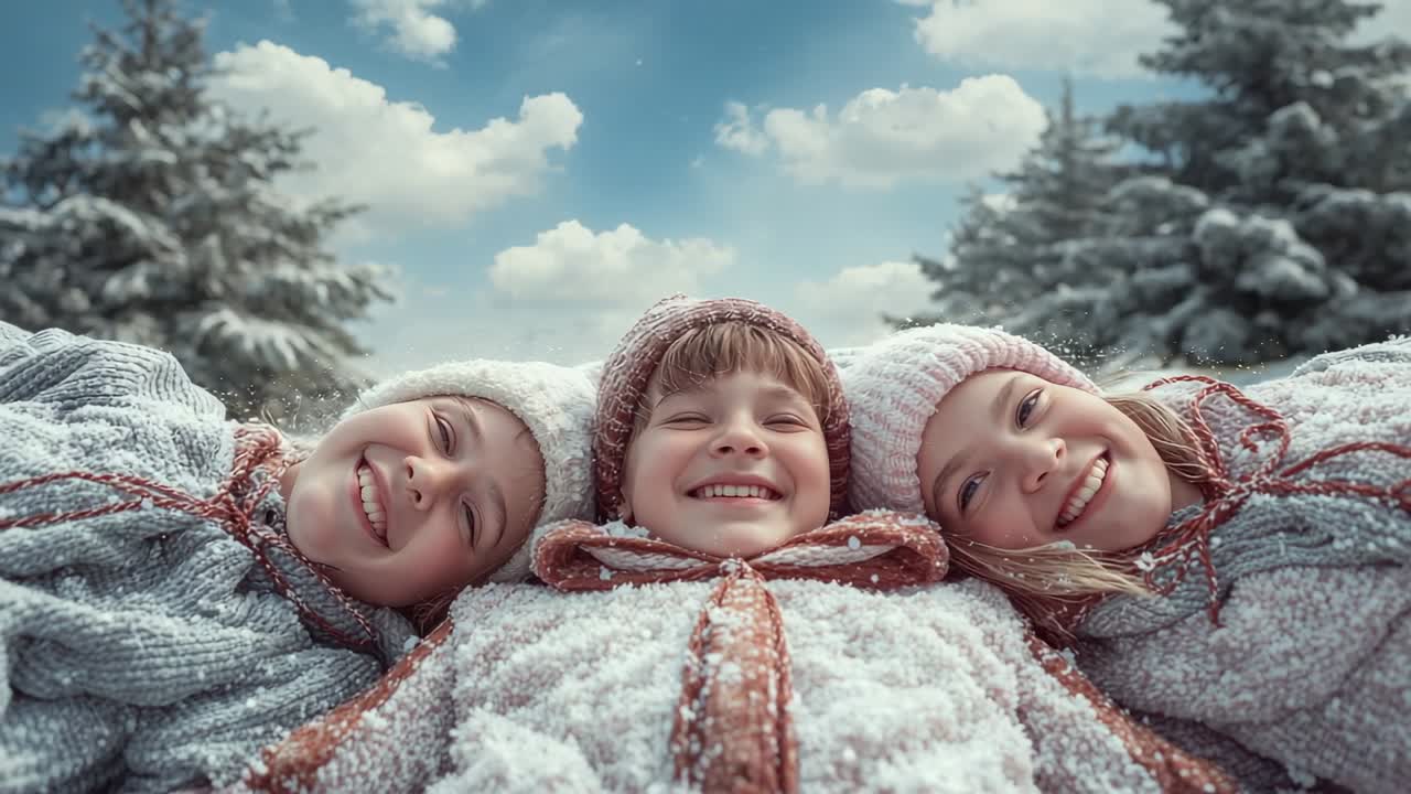Entering snowy clearing, three kids brushing snow, carving angels wearing hats, scarves for fun