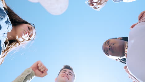 students group, fist bump and circle of friends