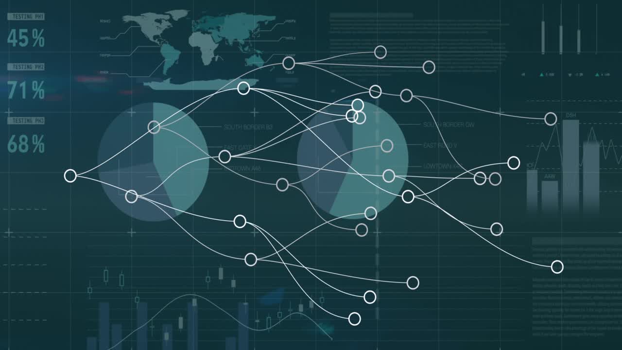 Animation of network of connections over data processing on black background