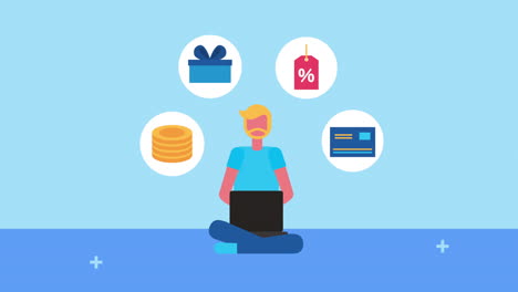 joven con portátil y iconos de comercio electrónico