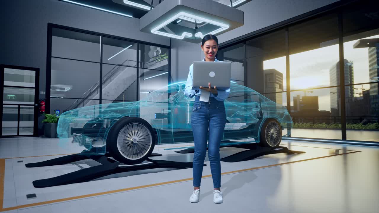 Donna che analizza un design automobilistico con un laptop in un'officina moderna