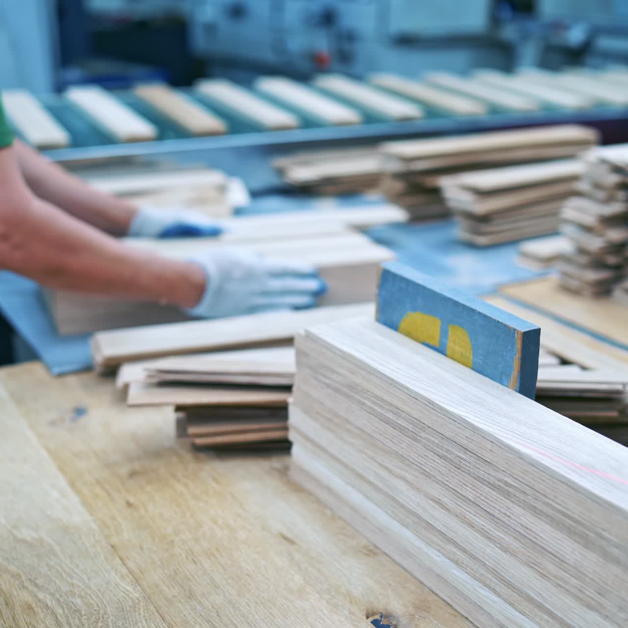 Woodworking factory. Production of parquet panels inside the furniture factory. Woman working on manufacturing of laminate boards.