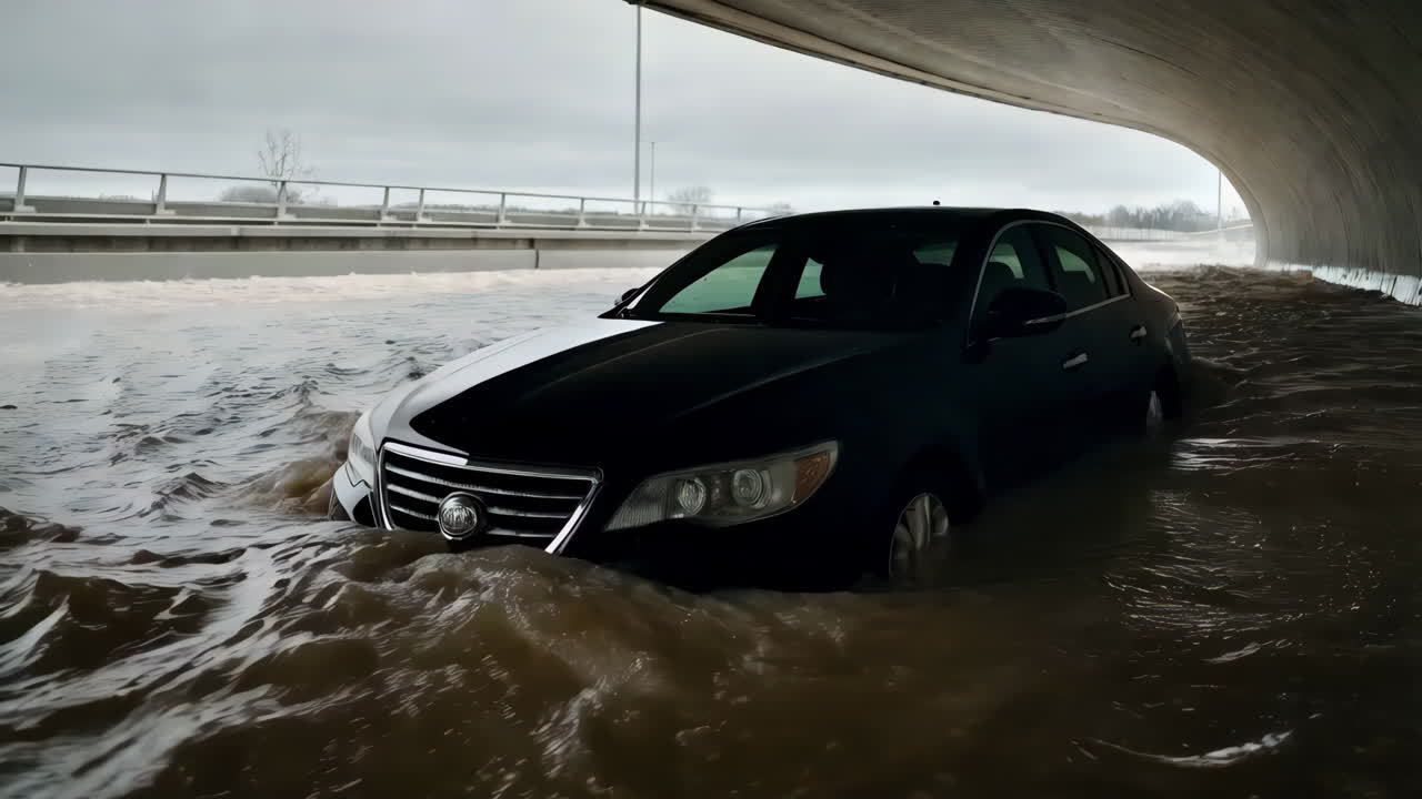 Car Submerged in Flooded Underpass