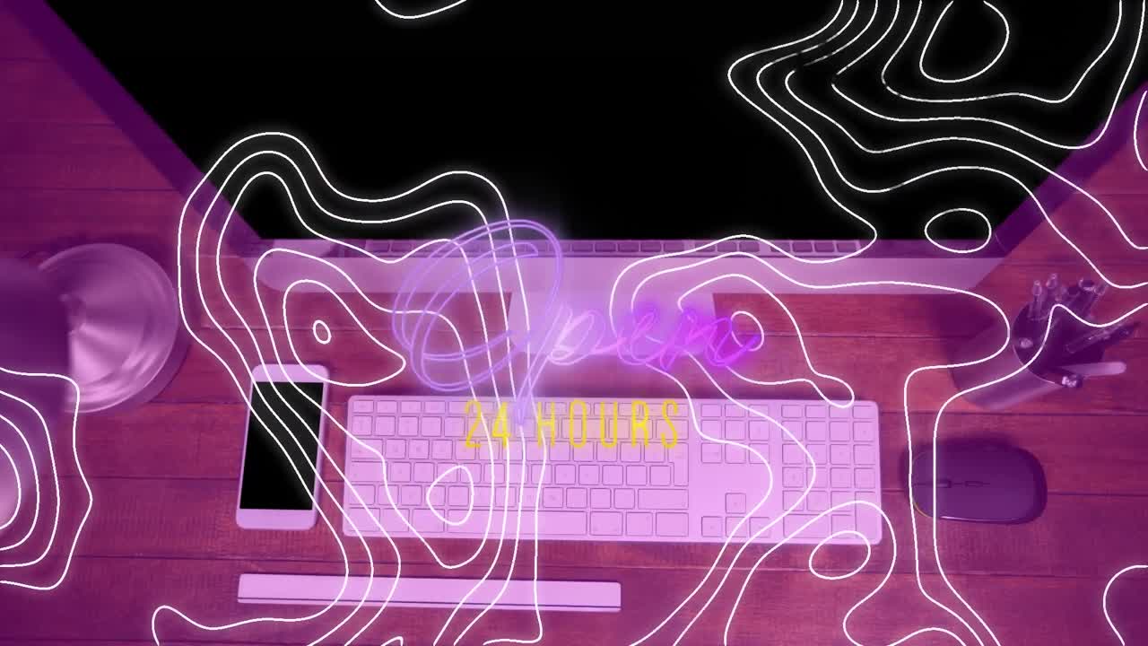 Animation of open 24 hours text in pink neon over contour lines and computer on desk