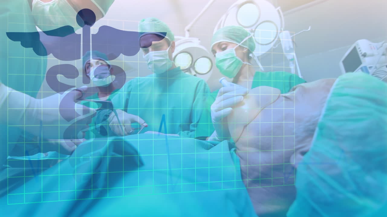 수술실에서 활동하는 다양한 외과 의사 그룹에 대한 의학 기호의 애니메이션