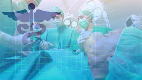 animación del símbolo de la medicina sobre un grupo de diversos cirujanos que operan en la sala de cirugía