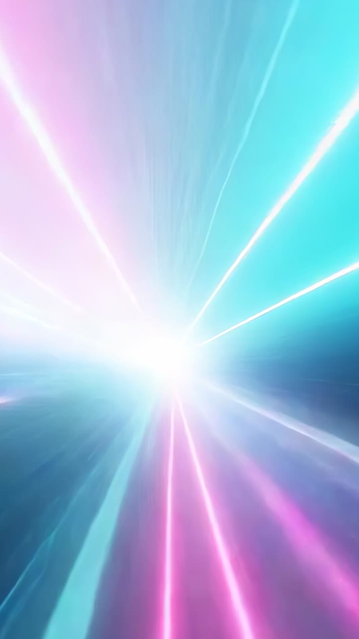 Vertical video: Projecting neon beam tunnel flowing in dark void, with bright white vanishing point