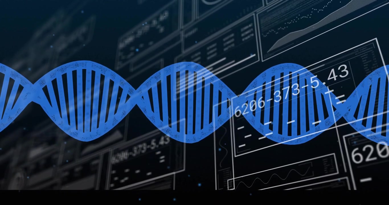 Animation starting, DNA helix shifting, waving, UI pulsing, codes scrolling, visualizing data