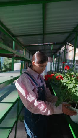 mujer mirando flores en un centro de jardín