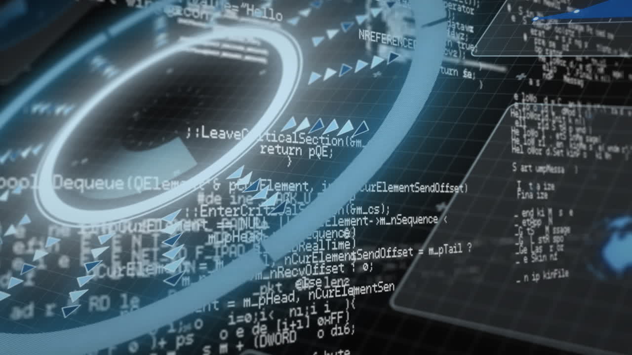 Digital code and geometric shapes forming complex data processing animation