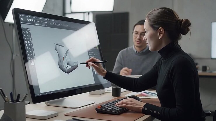 Designers industriais colaborando em modelo de produto 3D em estúdio